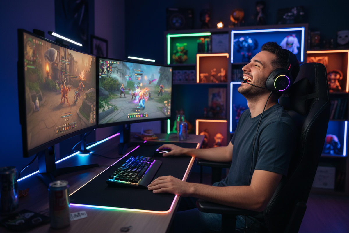 Gamer laughing at gaming setup