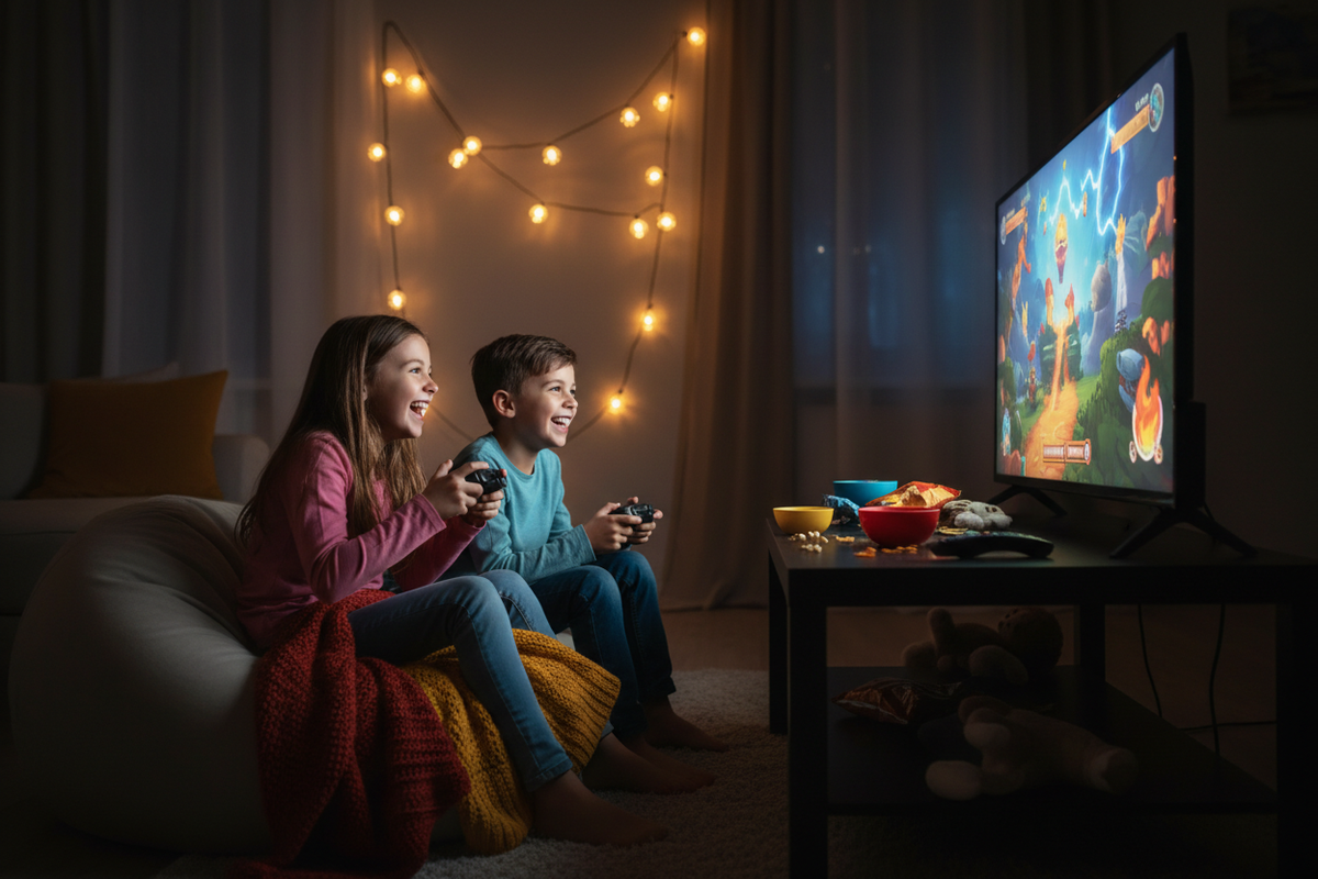 Kids playing video games together